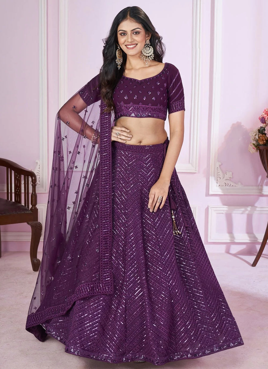 Luxury Purple Georgette Side Slit Lehenga with Sequins Work for Cocktail & Reception