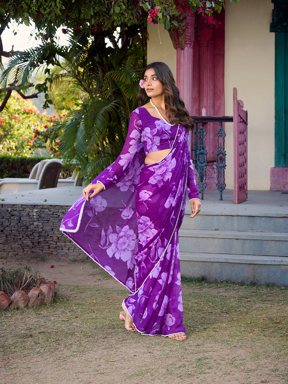 Purple pearl lace border saree