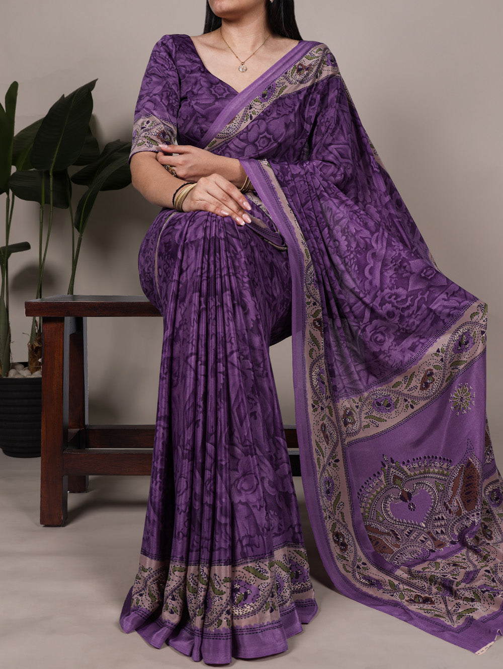 Purple crepe saree with all-over print
