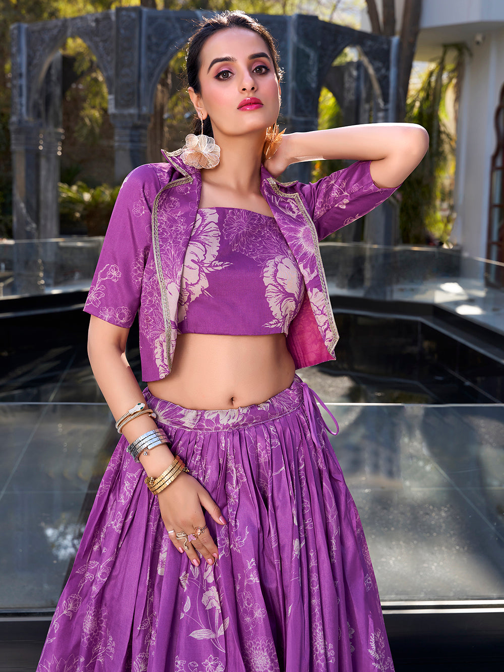 Purple Floral Print Tussar Silk Co-ord Set lehenga Choli