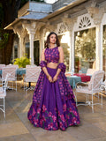 Purple Color Floral Print With Foil Work Tussar Silk Lehenga Choli