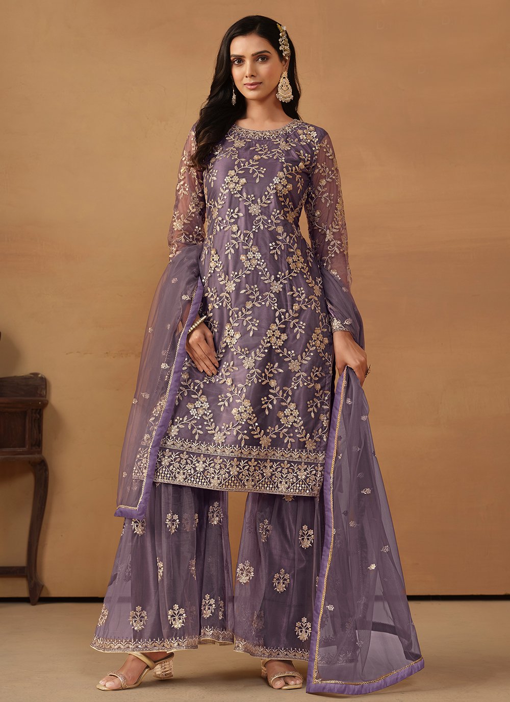 Purple Color Net Fabric Sequins Work Palazzo Suit For Women