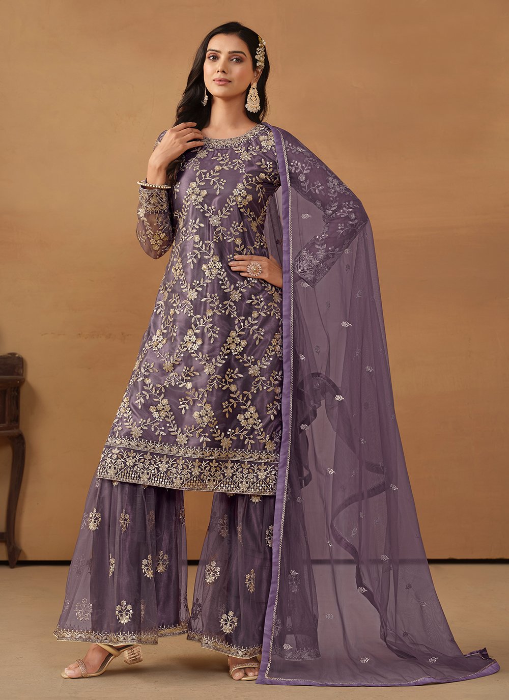 Purple Color Net Fabric Sequins Work Palazzo Suit For Women