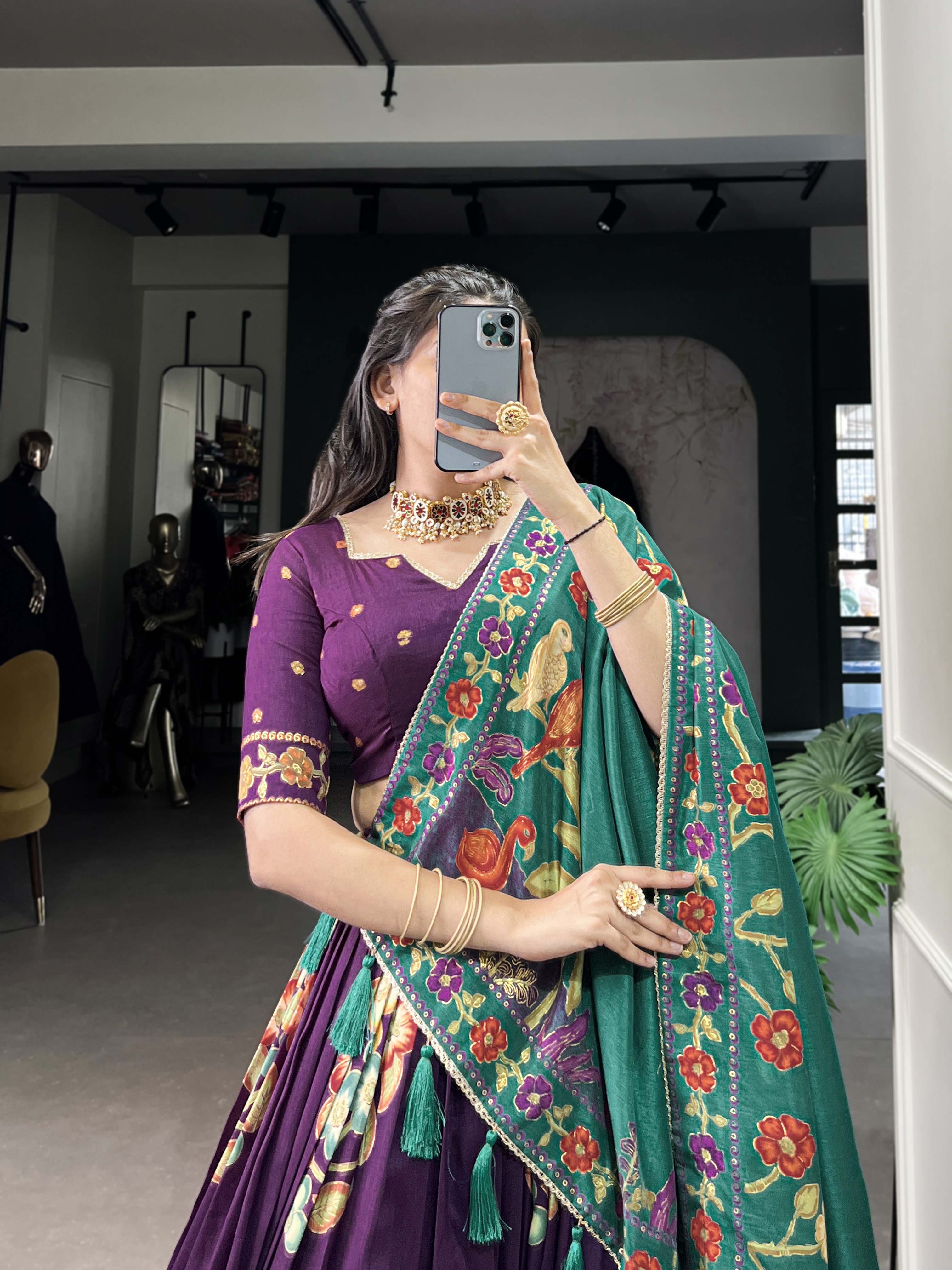 Purple Color Printed And Foil Work Tussar Silk Lehenga Choli