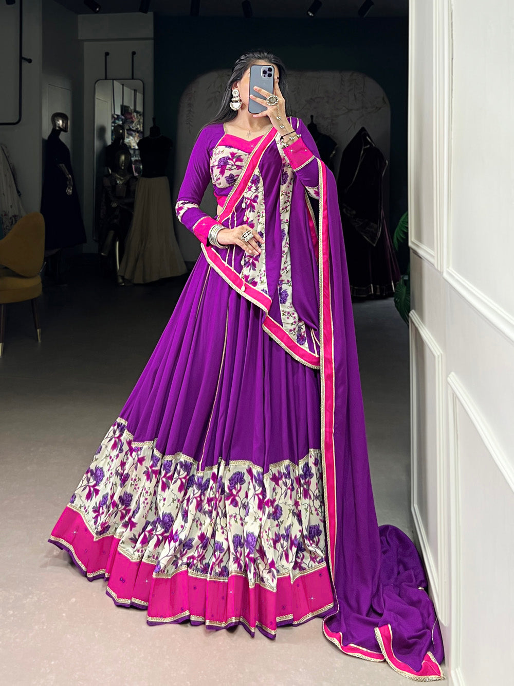 Purple Color Printed And Original Mirror Lace Border Rayon Lehenga Choli
