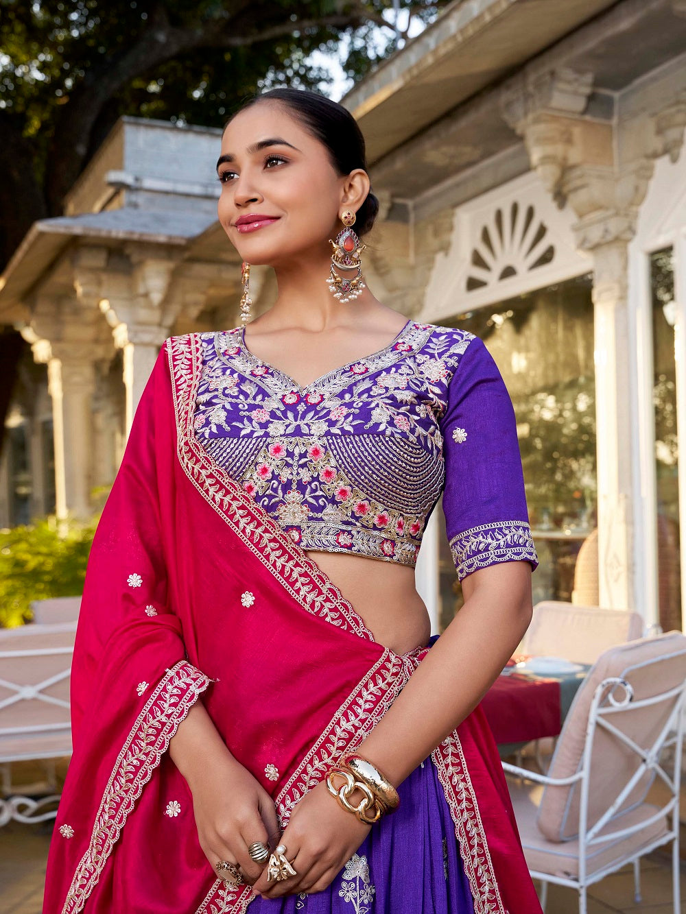 Purple Color Sequins And Thread Embroidery Work Vichitra Silk Lehenga Choli