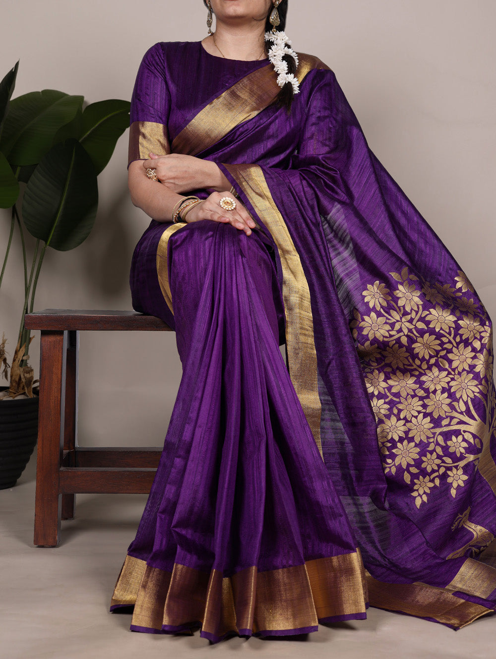 Purple raw silk saree with zari weaving