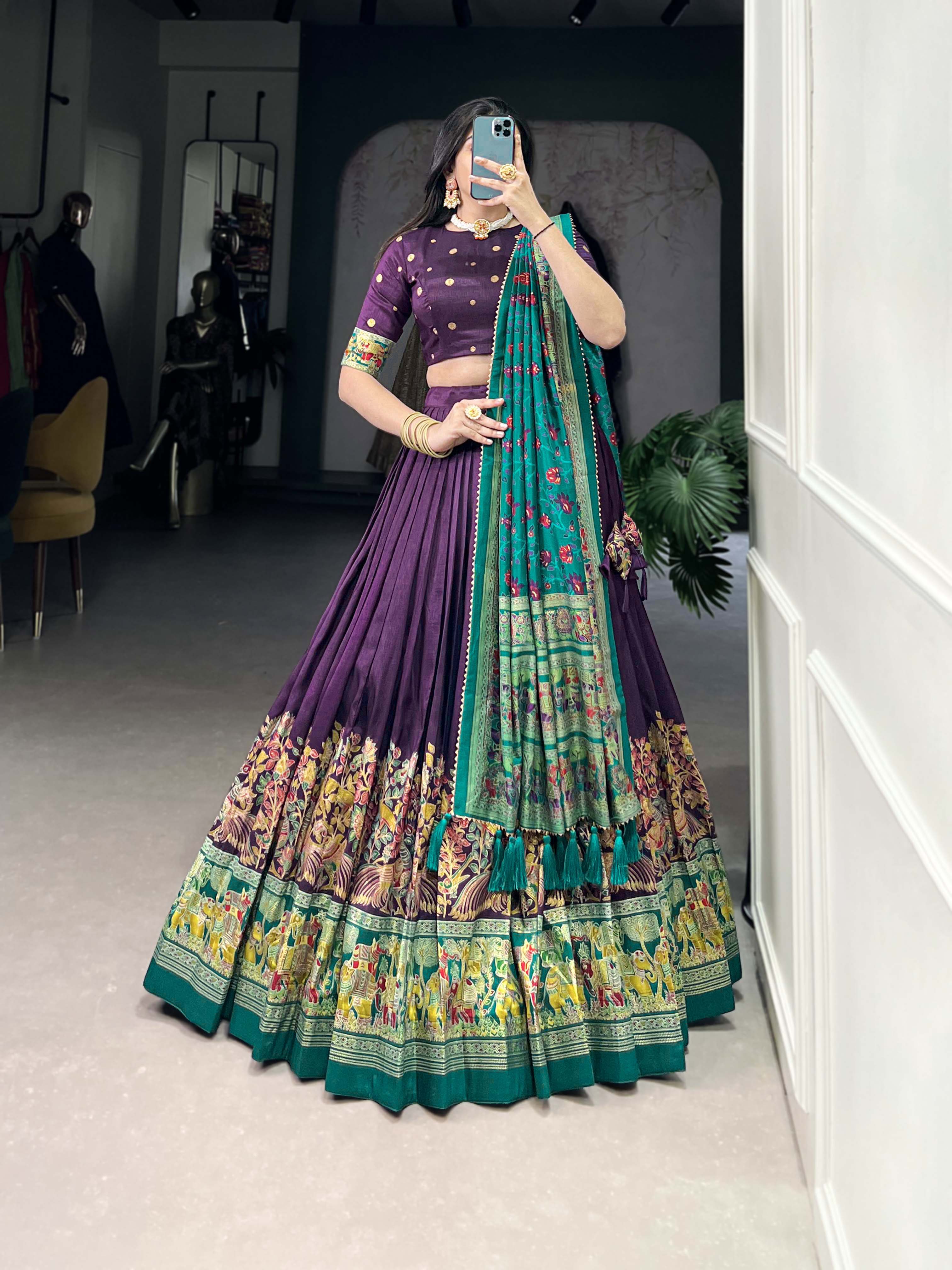 Purple Color Printed Foil Work Tussar Silk Lehenga Choli