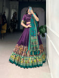 Purple Color Printed Foil Work Tussar Silk Lehenga Choli