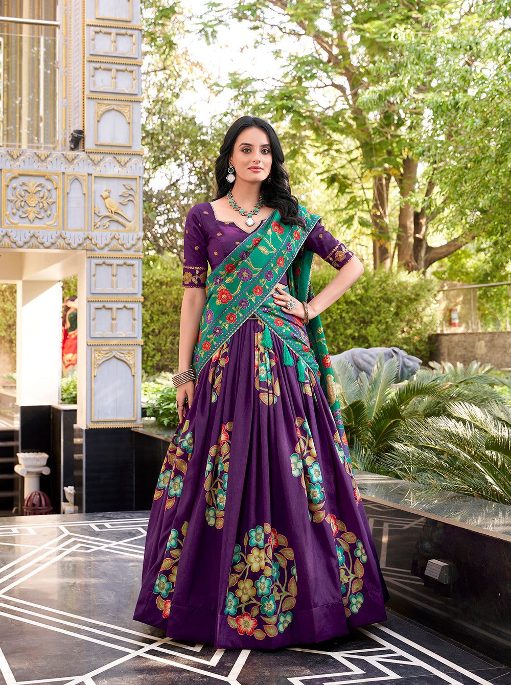Printed Tussar silk lehenga choli in purple