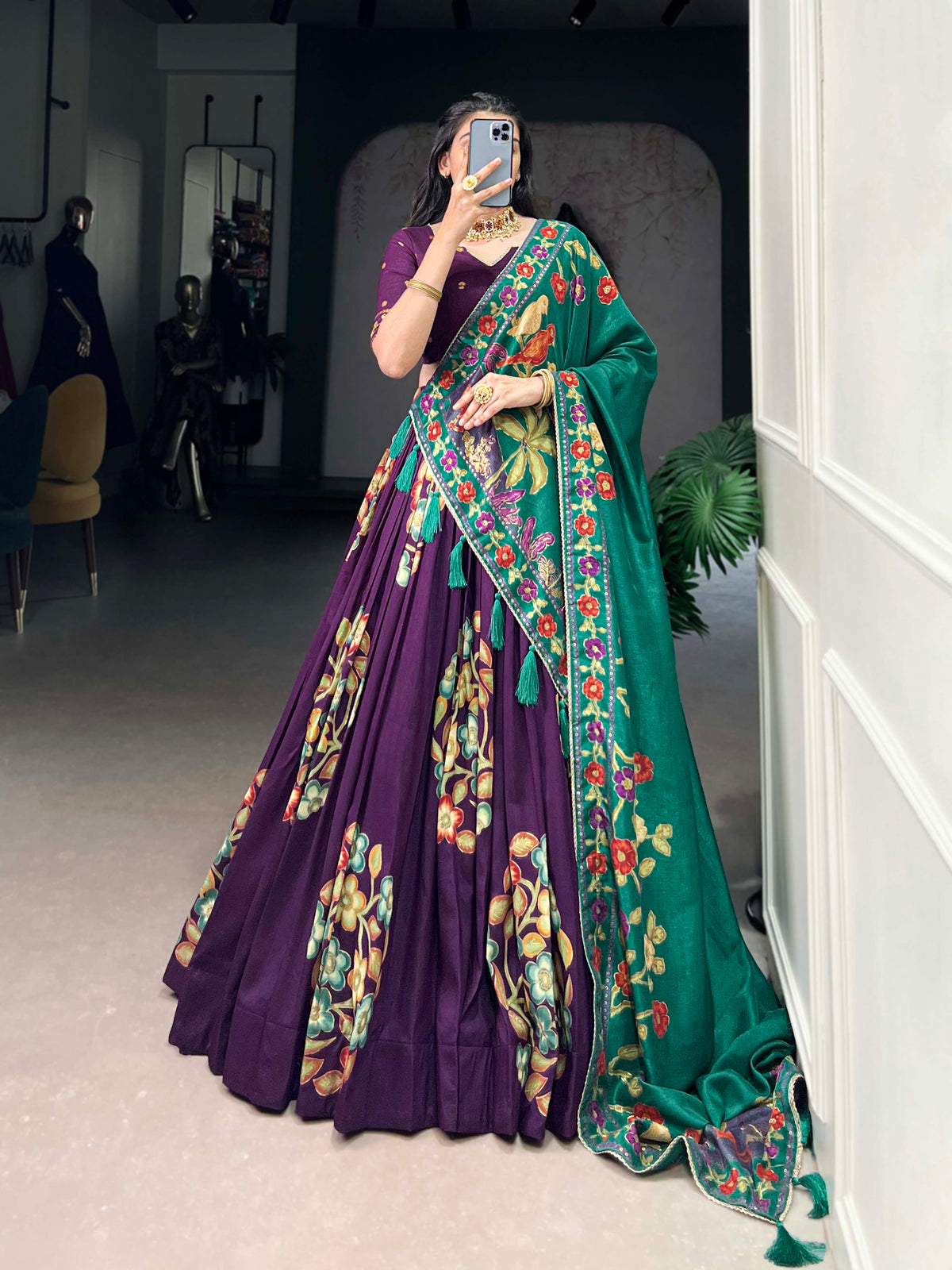 Purple Color Printed And Foil Work Tussar Silk Lehenga Choli