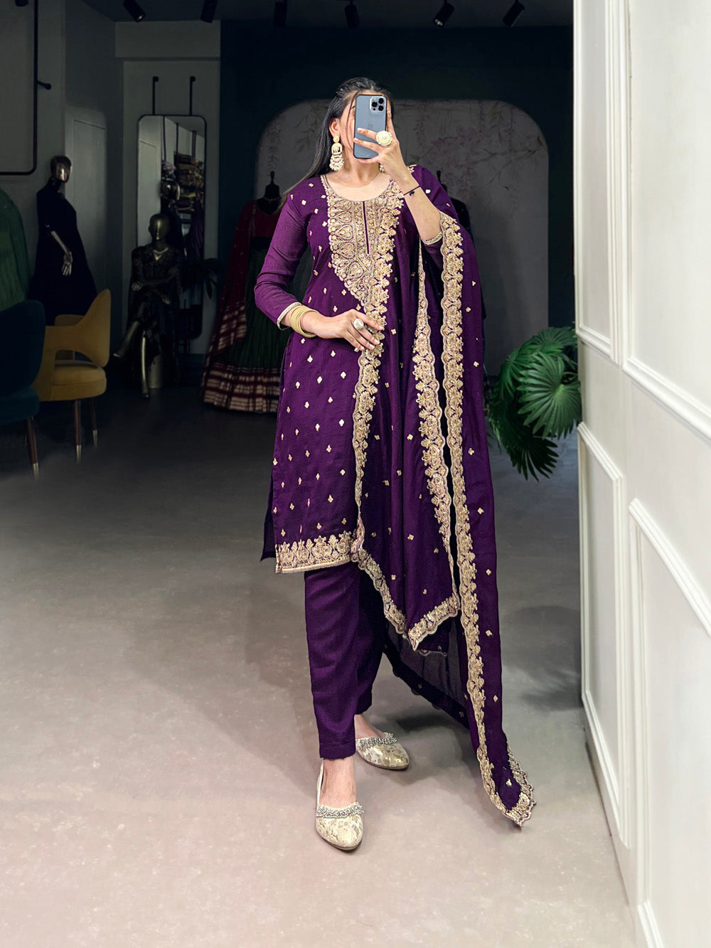 Purple Color Sequins And Thread Embroidery Work Vichitra Silk Salwar Suit