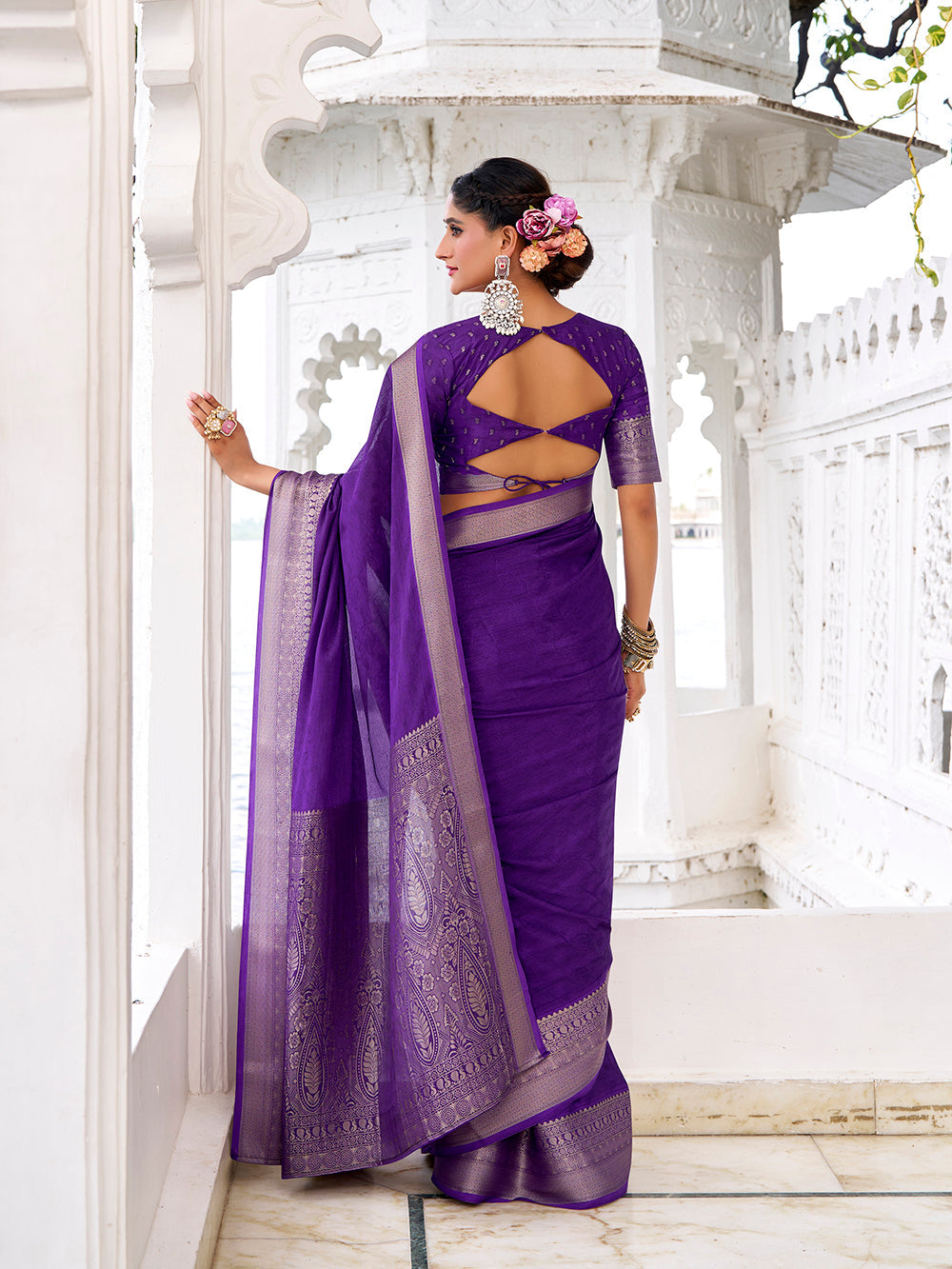 Purple saree with unstitched blouse