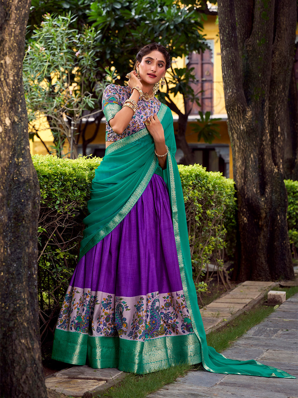 Printed purple lehenga with stitched blouse