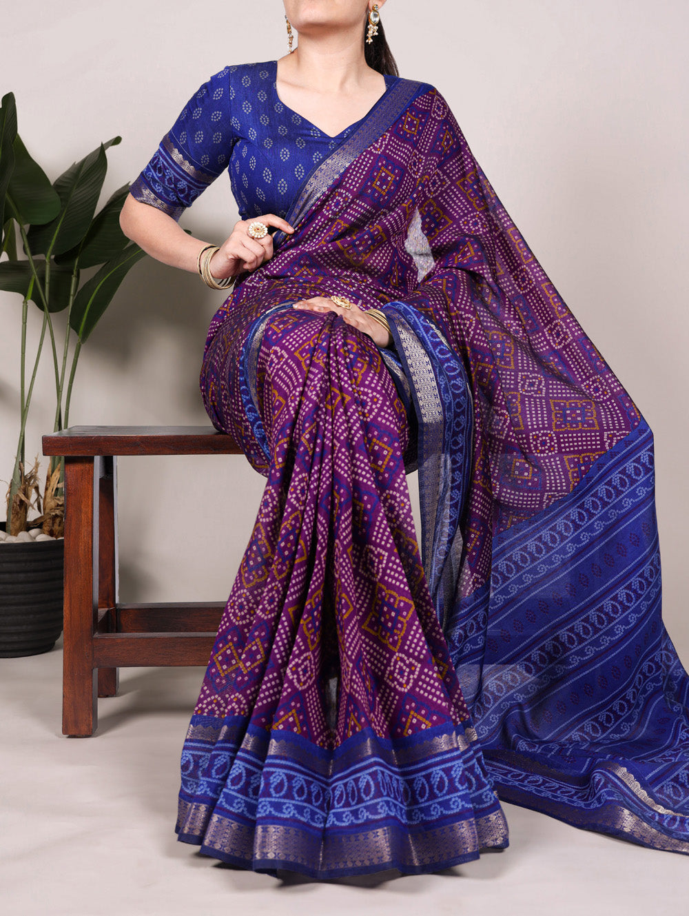 Purple viscose chanderi bandhej print saree