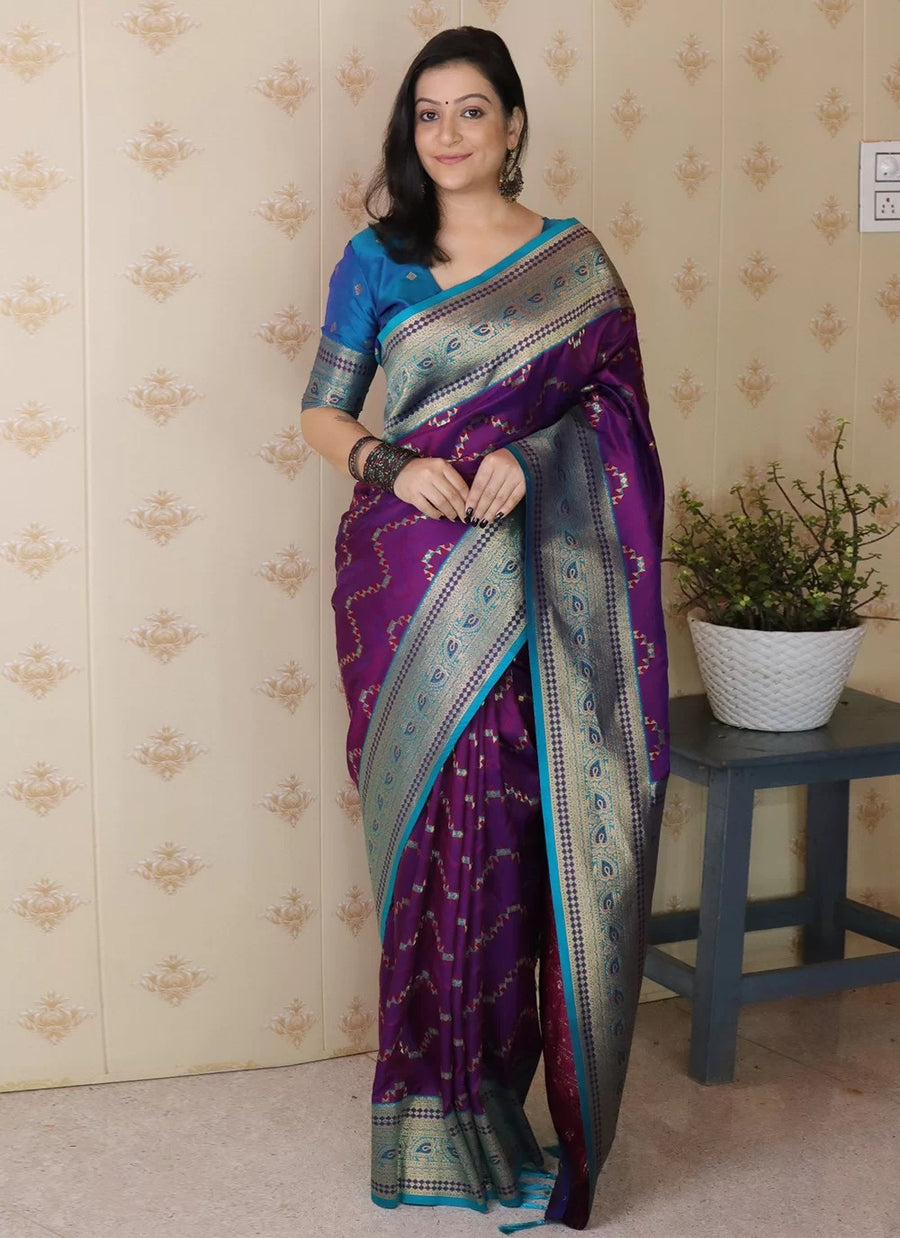 Designer Purple Banarasi Soft Silk Saree with Gold Zari Weaving
