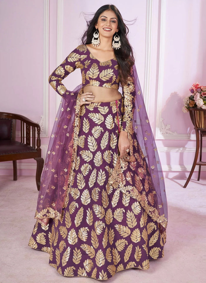 Purple designer sangeet lehenga with sequins zari embroidery