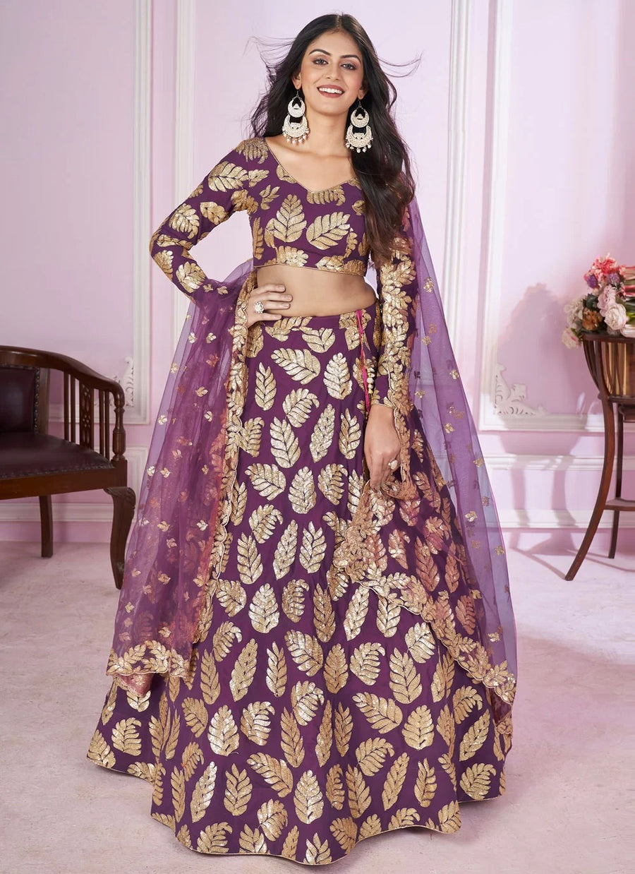 Purple designer sangeet lehenga with sequins zari embroidery
