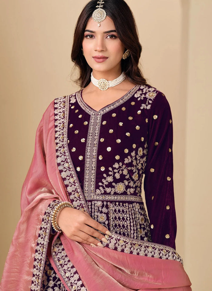 Royal Purple Velvet Abaya Style Anarkali Suit for Women
