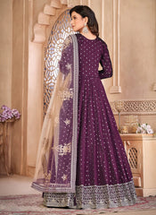 Purple Embroidered Art Silk Abaya Style Kameez