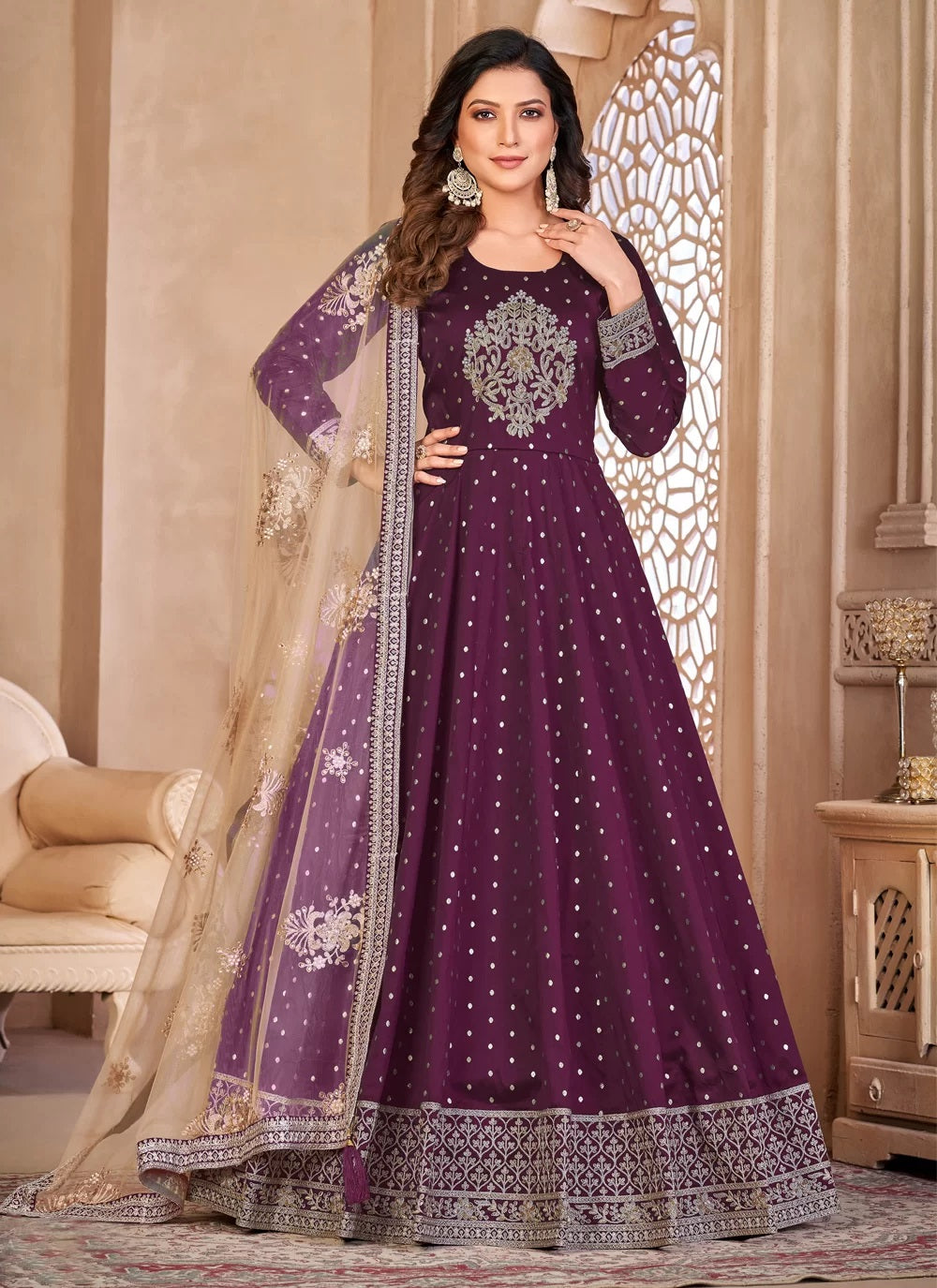 Purple Embroidered Art Silk Abaya Style Kameez