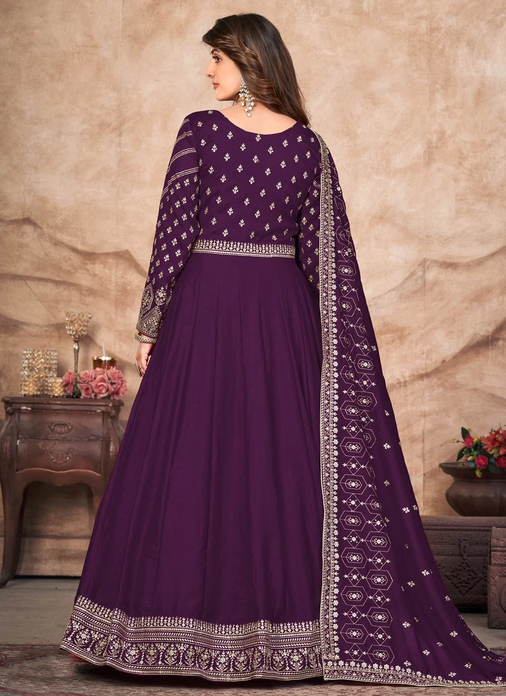 Purple Embroidered Art Silk Anarkali Style Suit