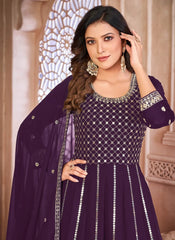 Purple Embroidered Georgette Abaya Style Indian Suit