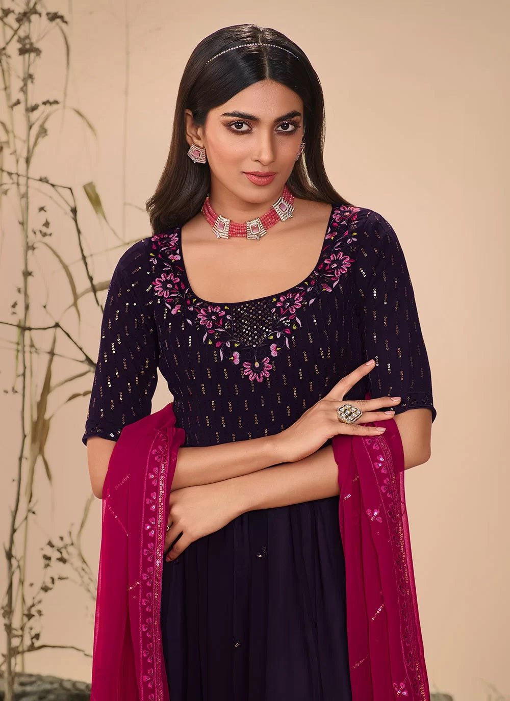 Purple Embroidered georgette Festive Wear Indian Palazzo Suit