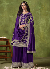 Purple Embroidered Silk Palazzo Suit