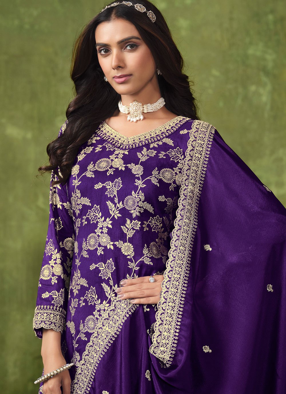 Purple Embroidered Silk Palazzo Suit