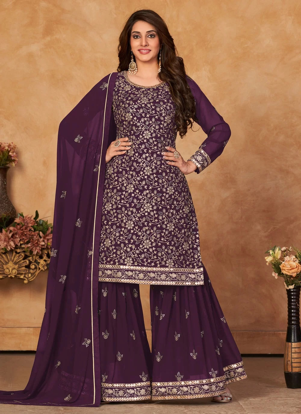 Purple Faux Georgette Embroidered Pakistani Salwar Suit