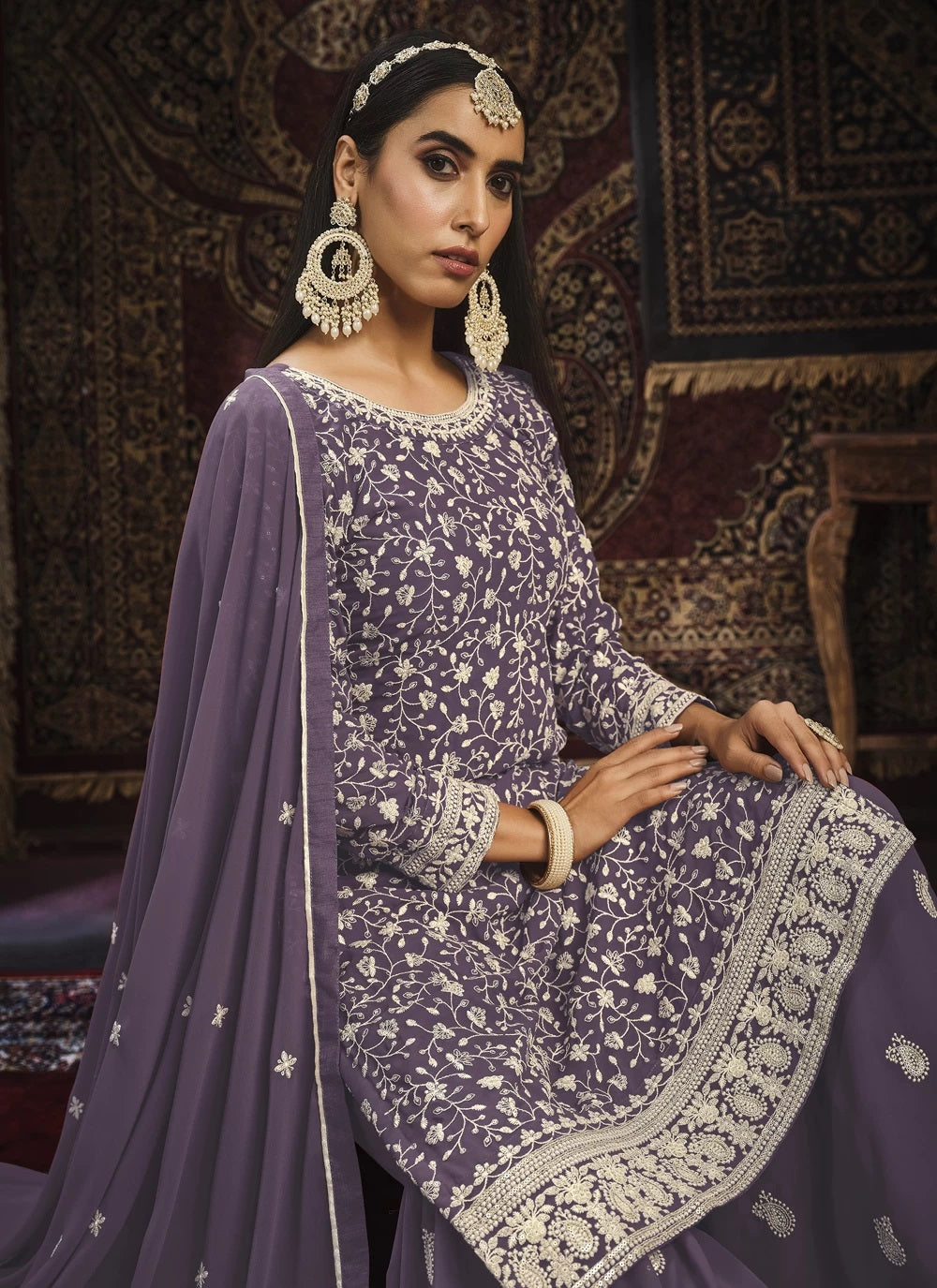 Purple Faux Georgette Embroidered Palazzo Salwar Suit