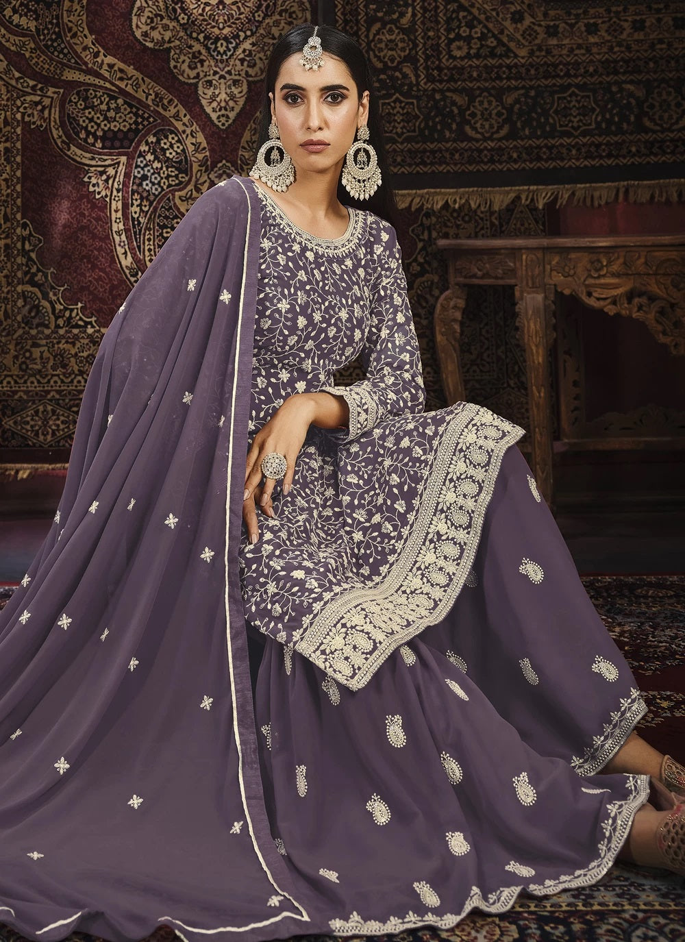Purple Faux Georgette Embroidered Palazzo Salwar Suit