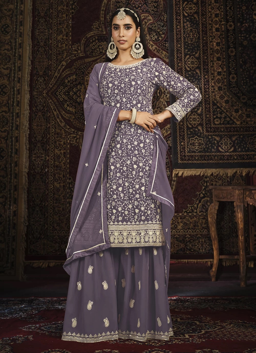 Purple Faux Georgette Embroidered Palazzo Salwar Suit