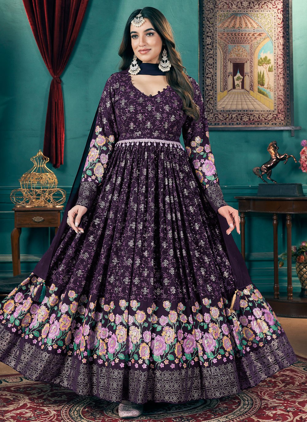 Purple Faux Georgette Readymade Anarkali Gown with Silk Crepe Lining