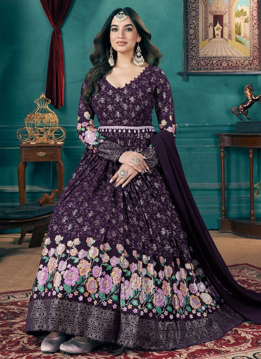 Purple Faux Georgette Readymade Anarkali Gown with Silk Crepe Lining