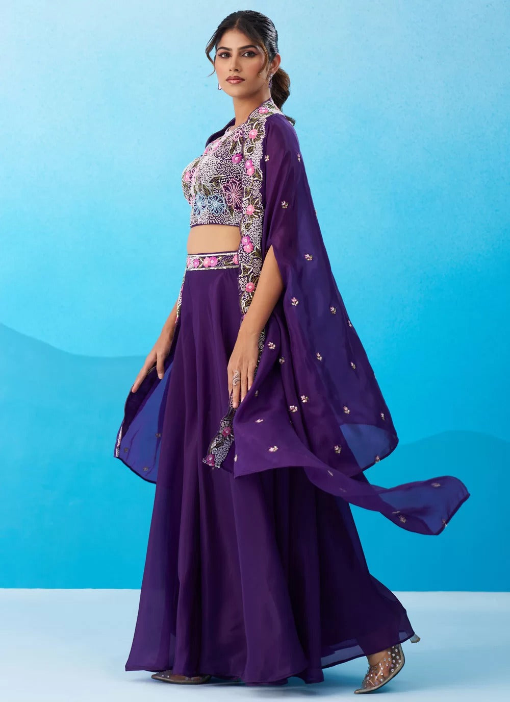 embroidered flared cape palazzo set women