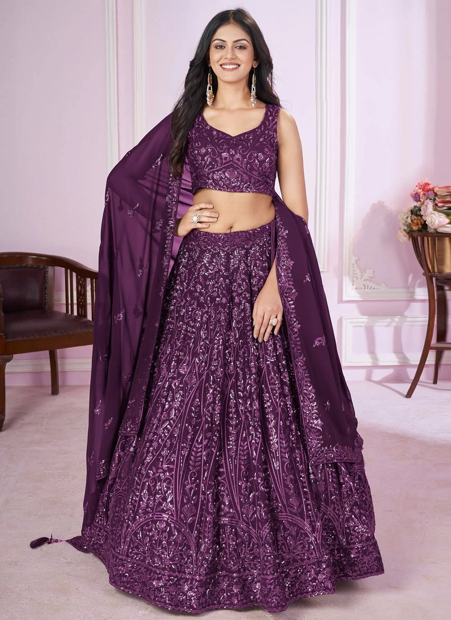 Royal purple georgette engagement lehenga with sequins embroidery