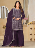 Purple Georgette Indian Sharara Style Suit With Embroidery