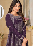 Purple Georgette Indian Sharara Style Suit With Embroidery