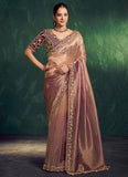 Dazzling Purple Golden Indian Cocktail Saree in Kora Zari Tissue Silk