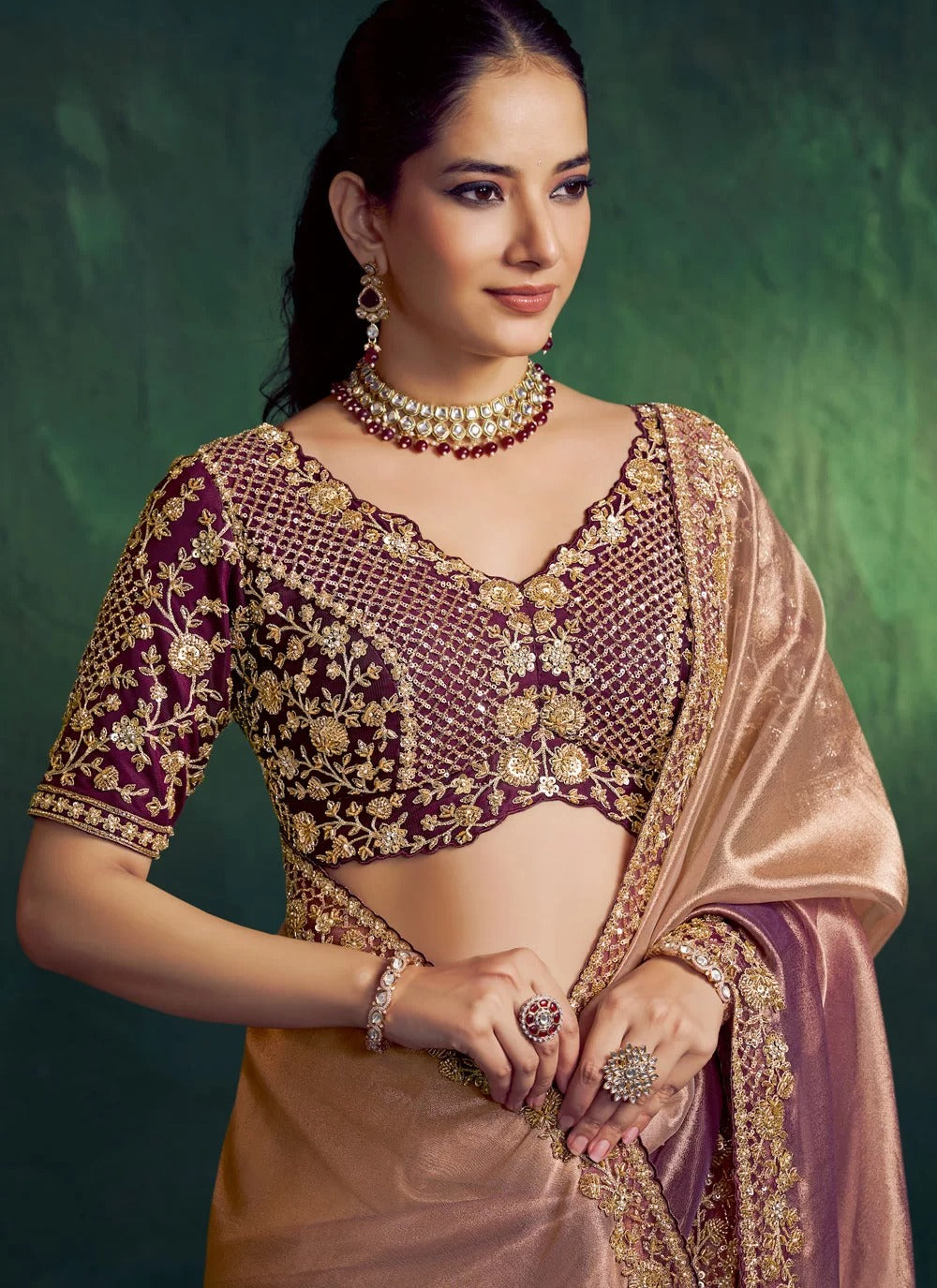 Indian Cocktail Saree in Purple Golden | Zari Tissue Silk