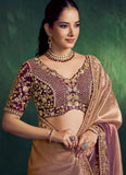 Indian Cocktail Saree in Purple Golden | Zari Tissue Silk