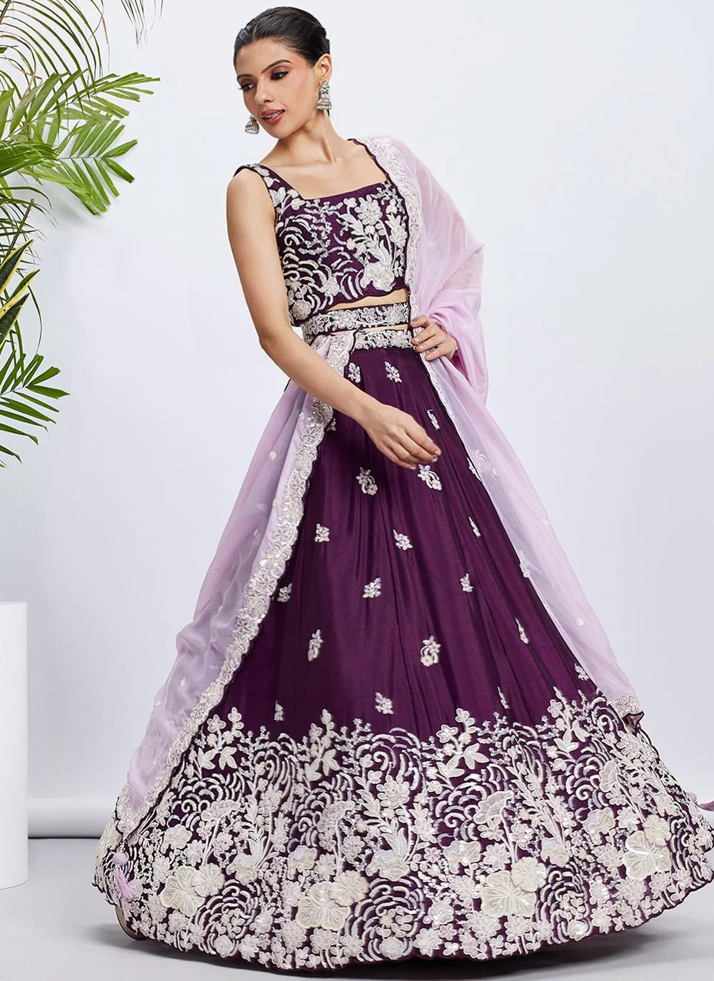 Elegant Indian Lehenga with Organza Dupatta in Purple