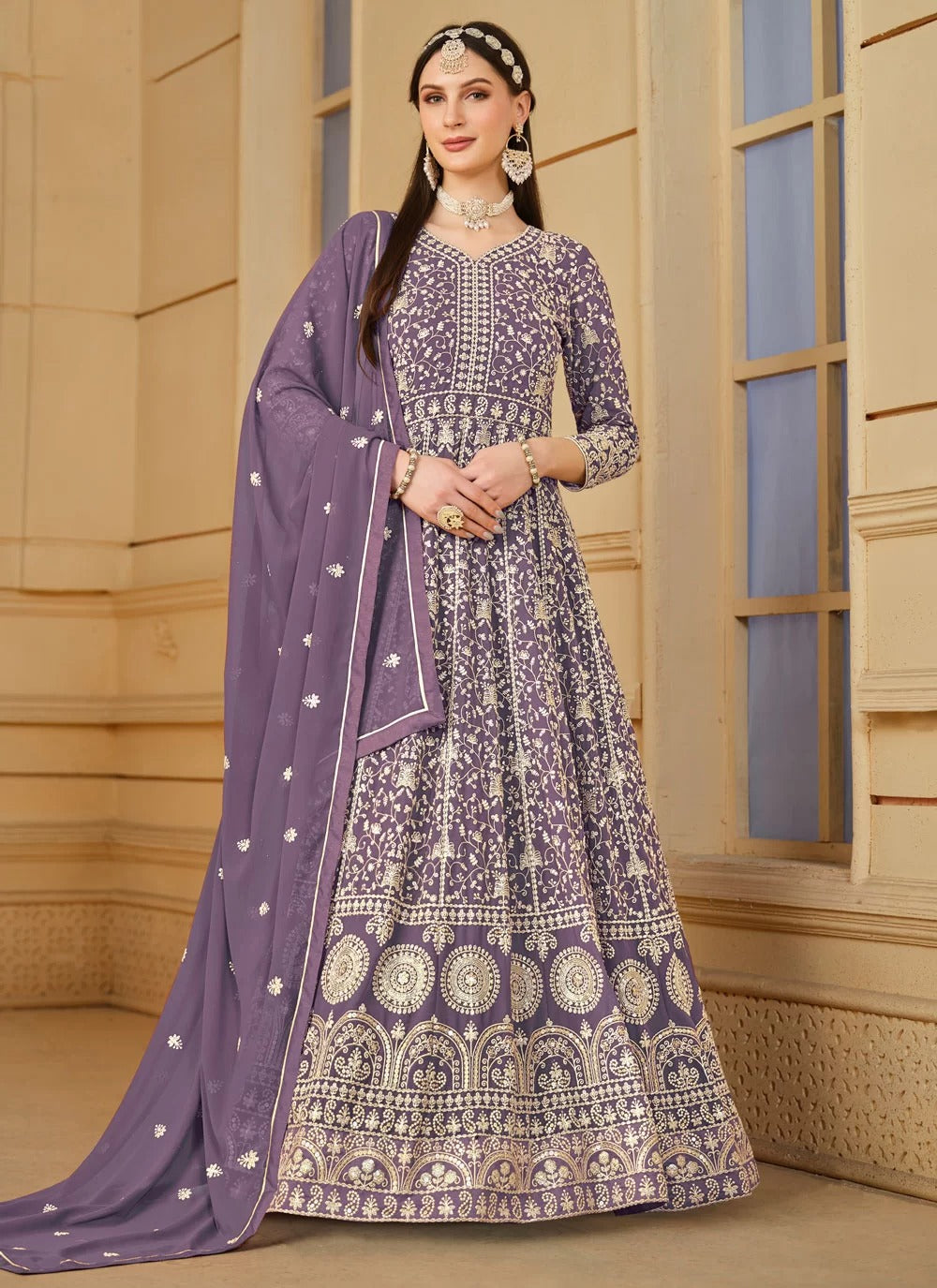 Elegant Purple Faux Georgette Embroidered Anarkali Suit