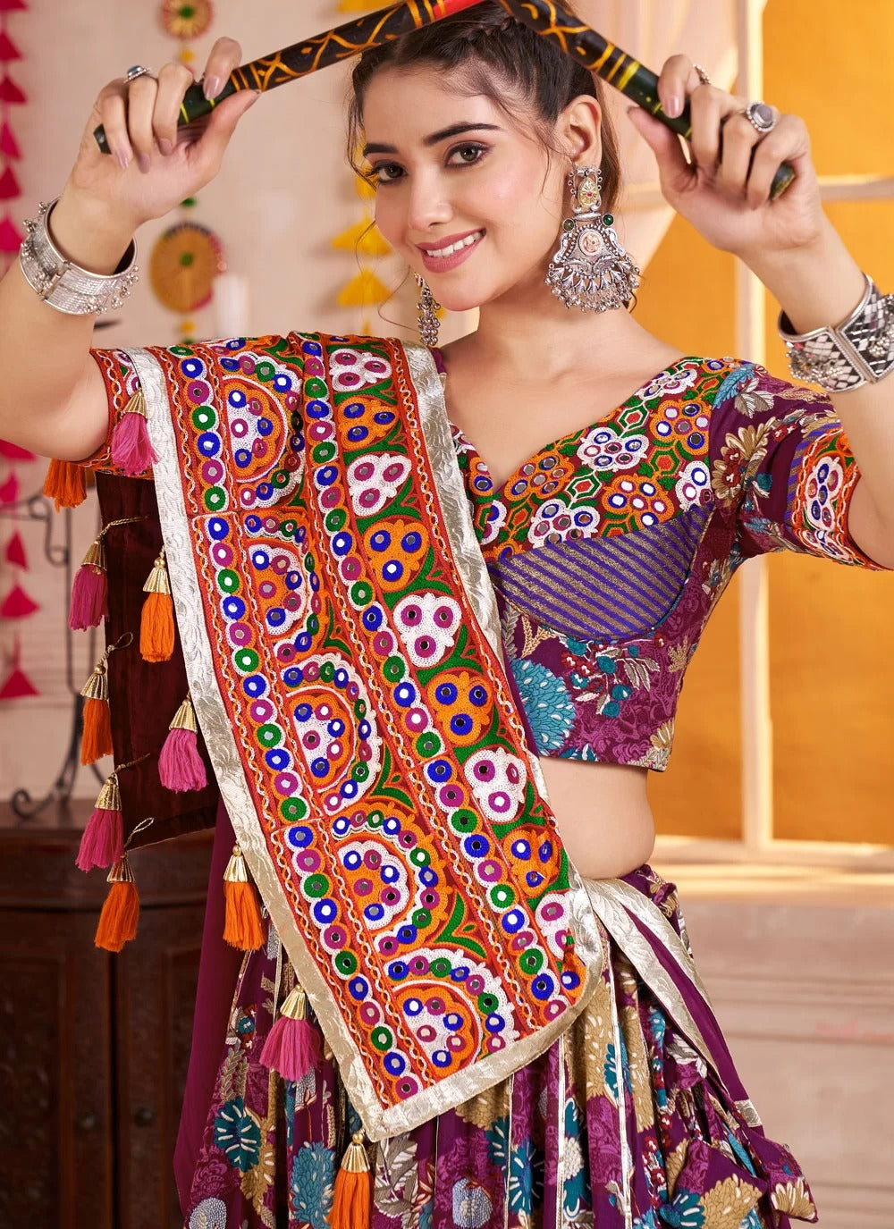 Purple viscose cotton lehenga with lampi border and print work