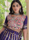 Purple Navratri chaniya choli with Gamthi embroidery and flared lehenga