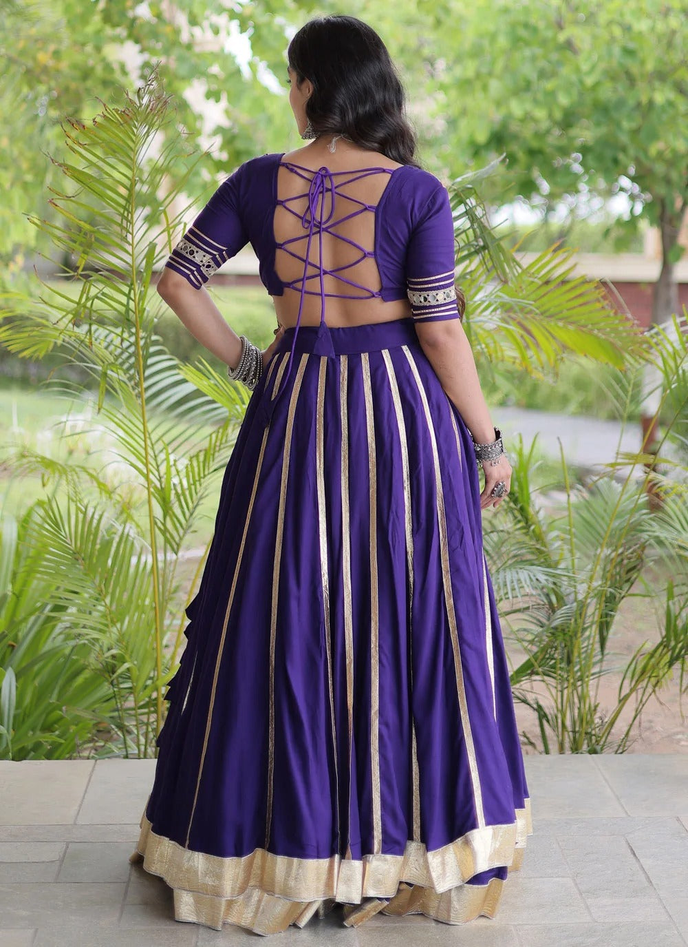 Purple Gujarati lehenga with real mirror work and Gota Patti detailing