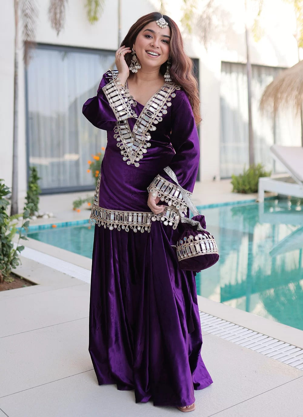 Mirror Work Velvet Palazzo Suit | Purple Party Wear Ethnic Set