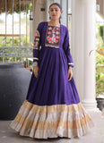 Purple Navratri gown with Kutchi Gamthi thread work and 12 metre flair